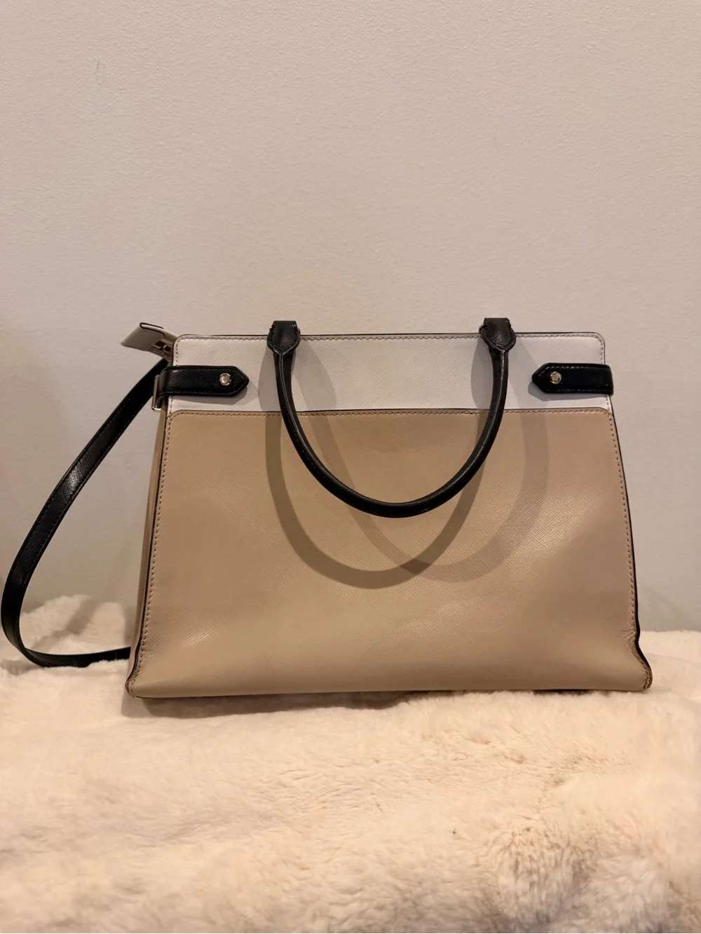 kate spade Beige, White & Black Leather Satchel with Top Handle